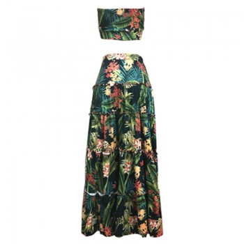 Women Two Piece Set Crop Top Long Skirt Floral Printed Green